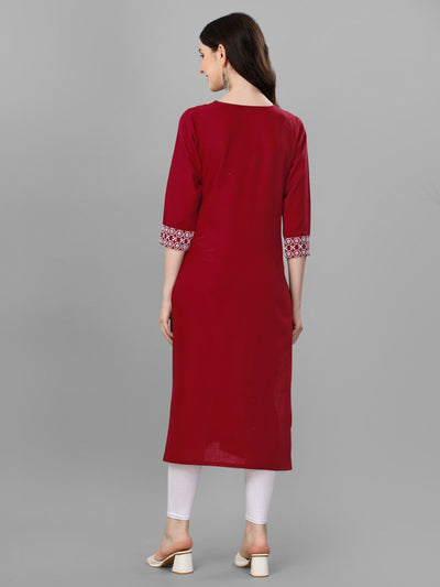Devi-3 Straight cut Cotton Red Kurti With Beautiful Embroidery Work VK1