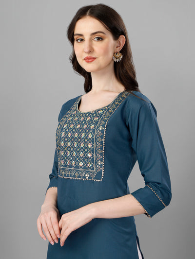Devi Straight cut Cotton Blue Kurti With Beautiful Embroidery Work VK1