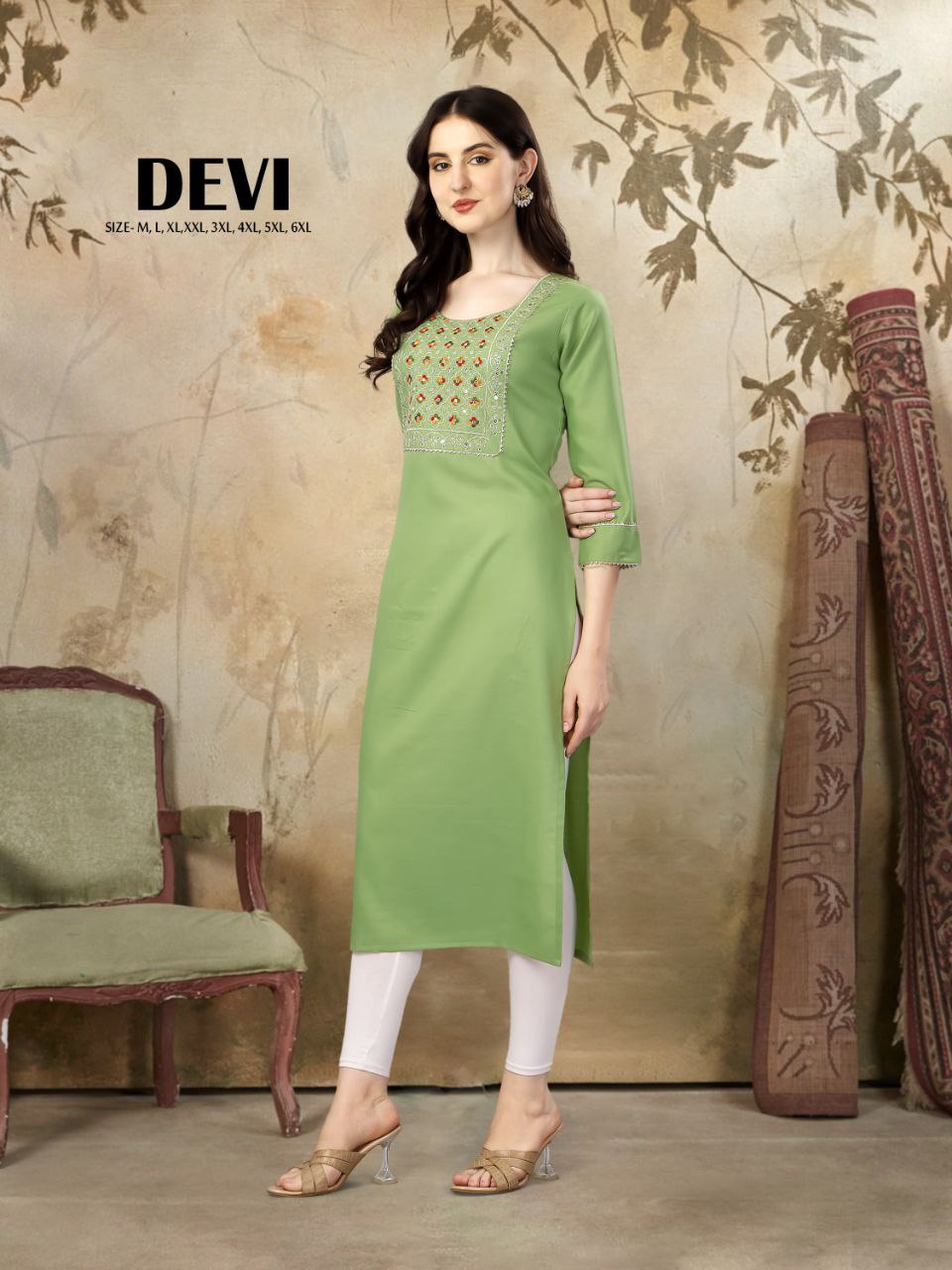 Devi Straight cut Cotton Green Kurti With Beautiful Embroidery Work VK1