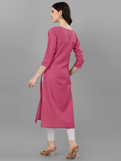 Devi Straight cut Cotton Pink Kurti With Beautiful Embroidery Work VK1