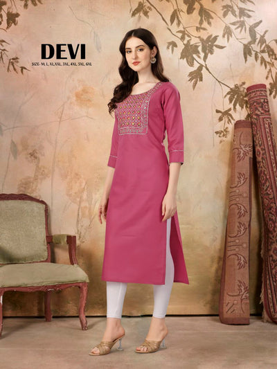 Devi Straight cut Cotton Pink Kurti With Beautiful Embroidery Work VK1
