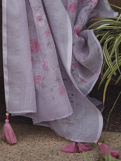 Women Embroidered Linen Cotton Kurta Set Levender-413