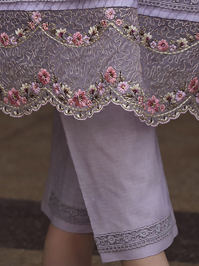 Women Embroidered Linen Cotton Kurta Set Levender-413