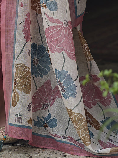 Women Embroidered Linen Cotton Kurta Set Peach-413