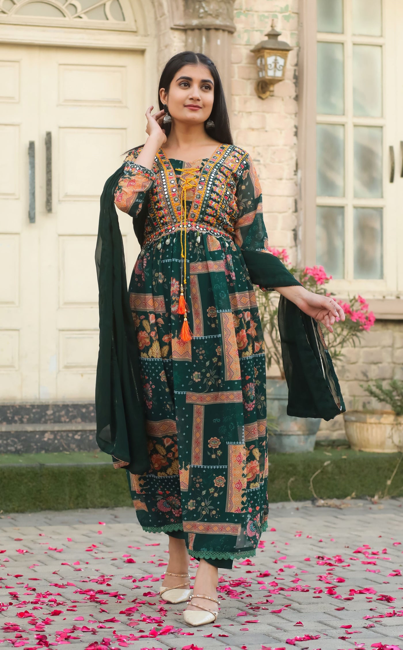 Aesthetic Printed Georgette Alia Cut Suit With Hand Embroidery.