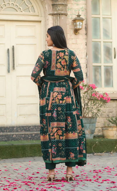 Aesthetic Printed Georgette Alia Cut Suit With Hand Embroidery.