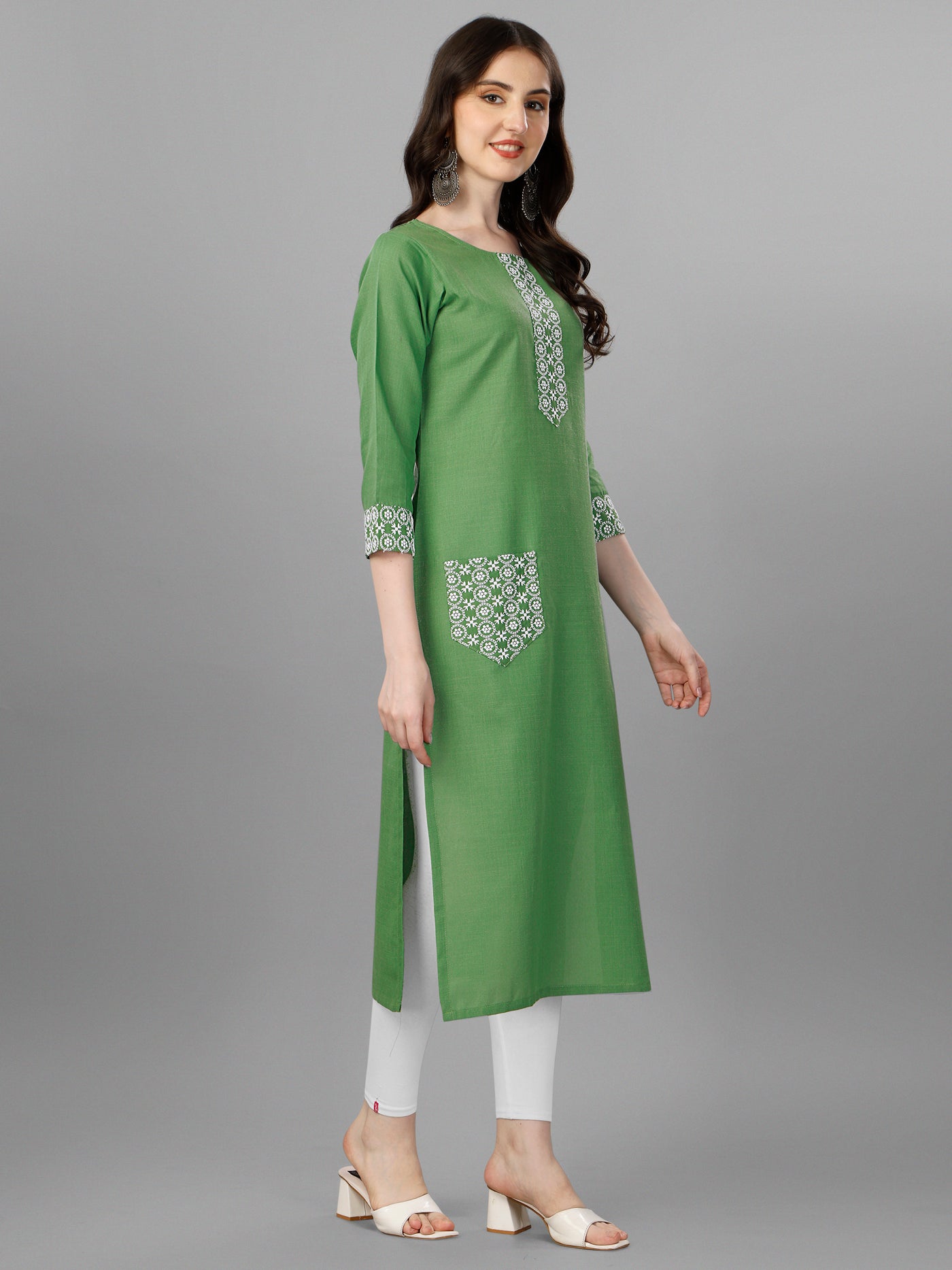 Devi-3 Straight cut Cotton Green Kurti With Beautiful Embroidery Work VK1