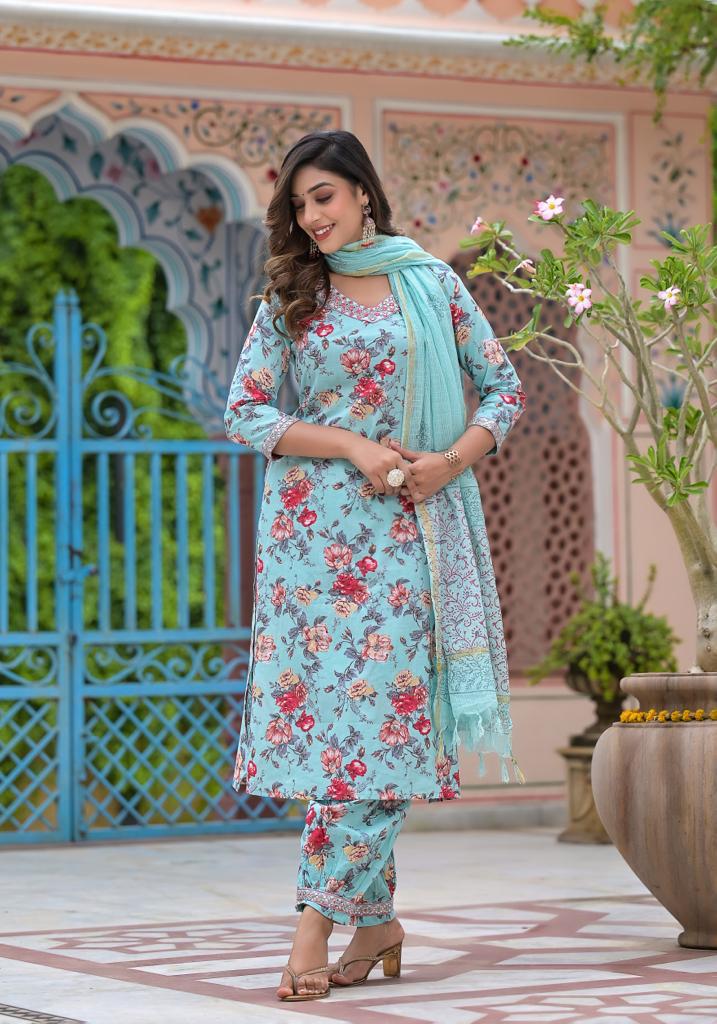 Afghani Suit Set With Pant And Dupatta SkyBlue-AKS