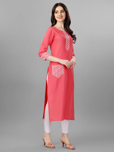 Devi-3 Straight cut Cotton Pink Kurti With Beautiful Embroidery Work VK1