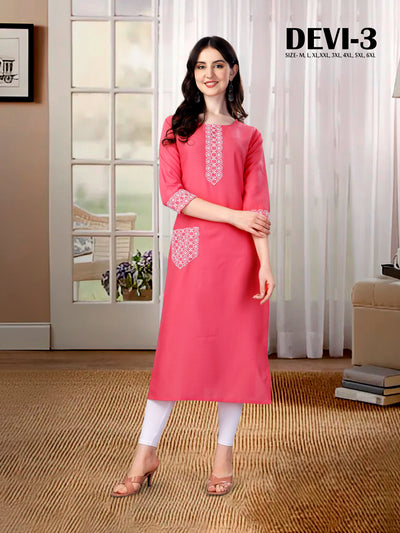 Devi-3 Straight cut Cotton Pink Kurti With Beautiful Embroidery Work VK1