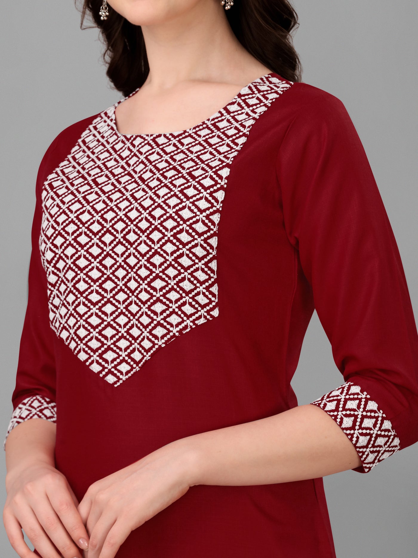 Straight cut Cotton Red Kurti With Beautiful Embroidery Work VK1