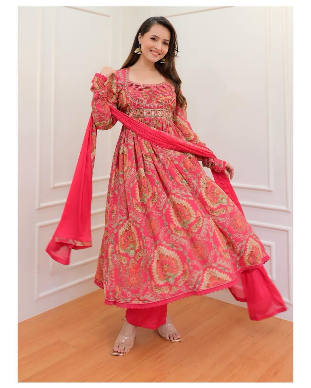 Multicoloured Anarkali with mirror work and print lace VK6