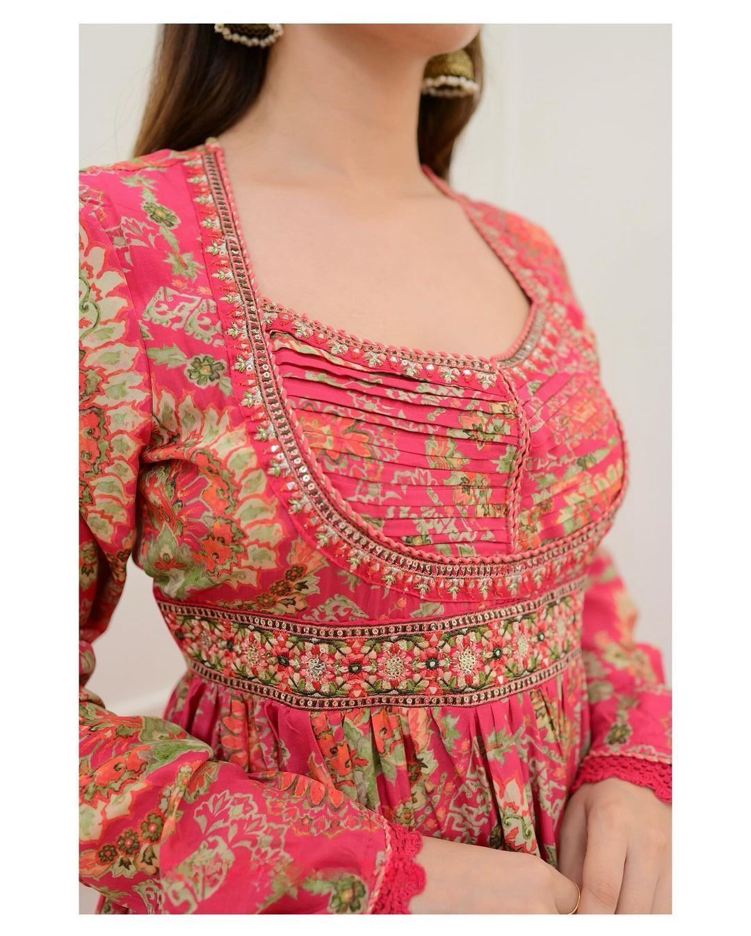Multicoloured Anarkali with mirror work and print lace VK6