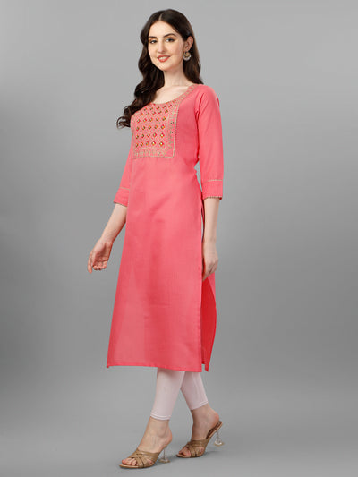 Devi Straight cut Cotton Light Pink Kurti With Beautiful Embroidery Work VK1
