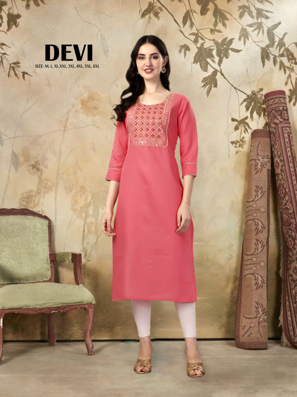 Devi Straight cut Cotton Light Pink Kurti With Beautiful Embroidery Work VK1