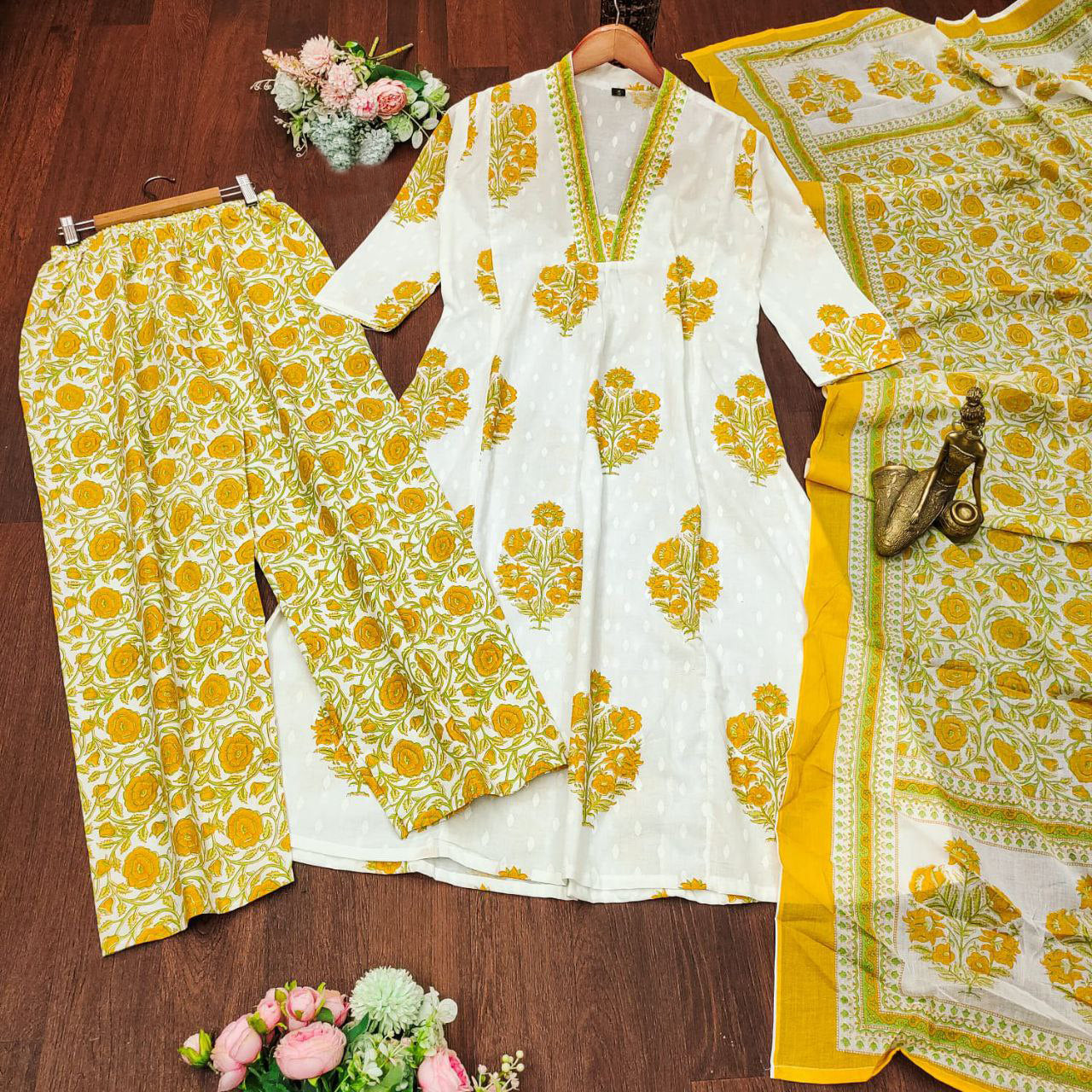 Women Yellow Pure Cotton Kurta With Palazzo And Dupatta Set VK6